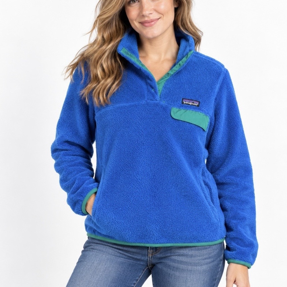 Patagonia Blue Re-Tool Snap-T Pullover Pockets Fuzzy Jacket Women's SMALL